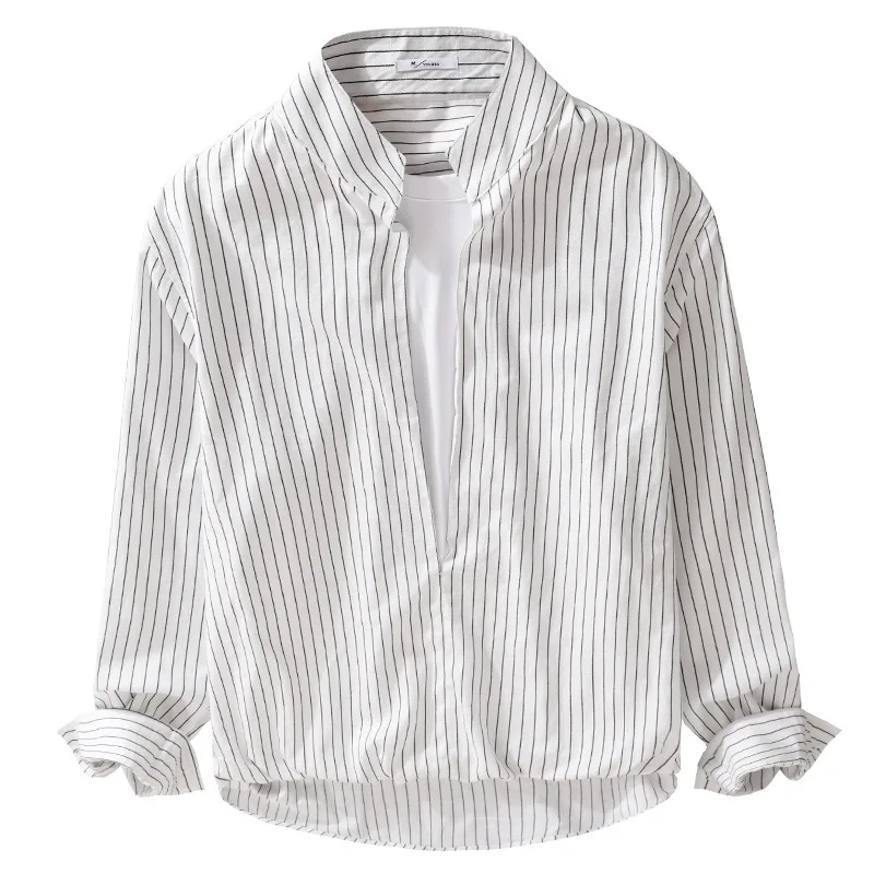 Retro Two Fake Pieces White Striped Shirt Men Long Sleeve Casual Shirts Spring Summer Pure Cotton Top Stand Pullover Shirt Man