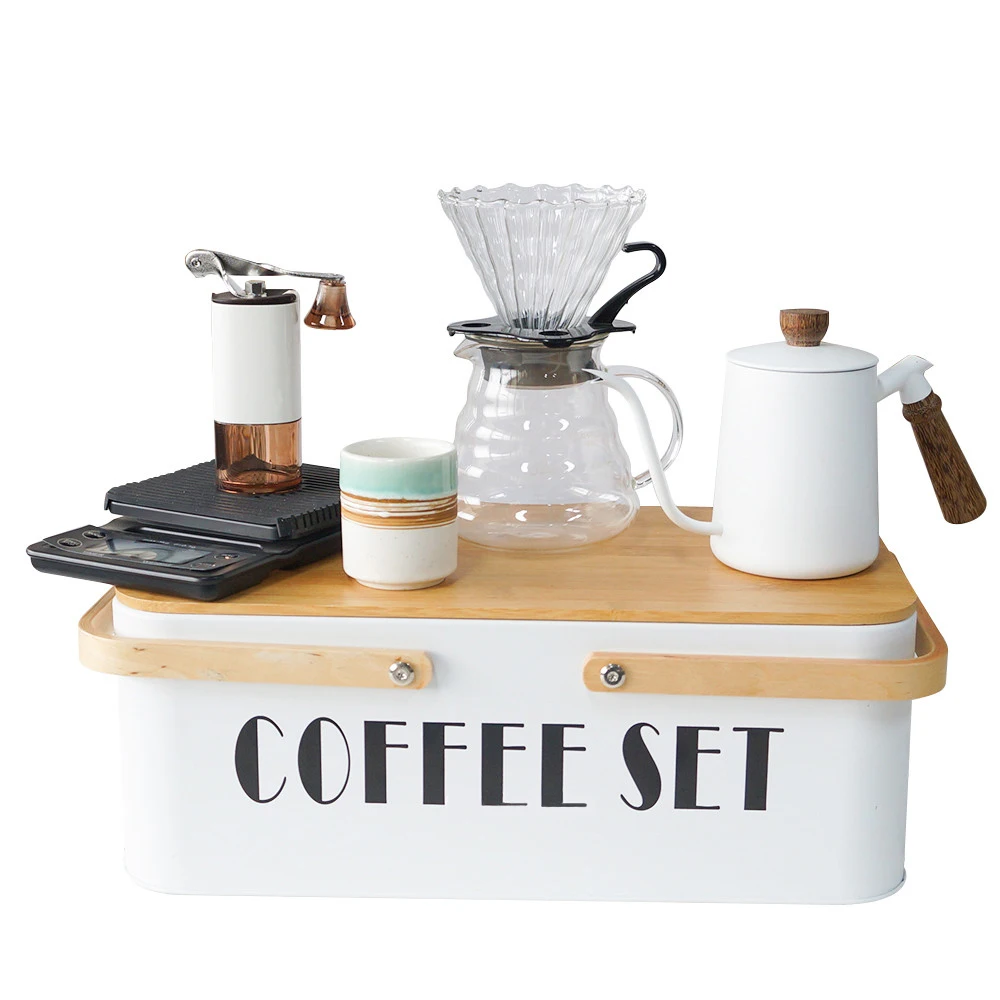 

Pour Over Coffee Maker Set with Kettle Mug, Manual Grinder, Filters Scale, Metal Box, Outdoor Traveling Gift Box