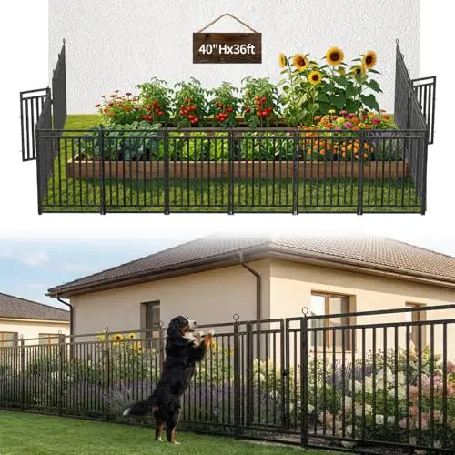 Decorative Garden Fence Metal Dog Fence Outdoor, 40in (H) x 36ft (L), 14 Panels + 2 Gates, Heavy Duty Garden Fencing
