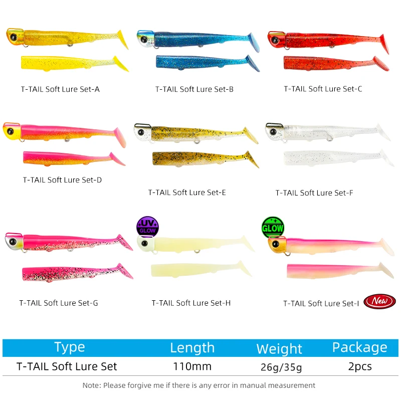 TSURINOYA 110mm 35g Long Casting Jig Head T Tail Soft Lure Set 2pcs Tail Flounder Seabass Fishing Lure Sinking Large Baits