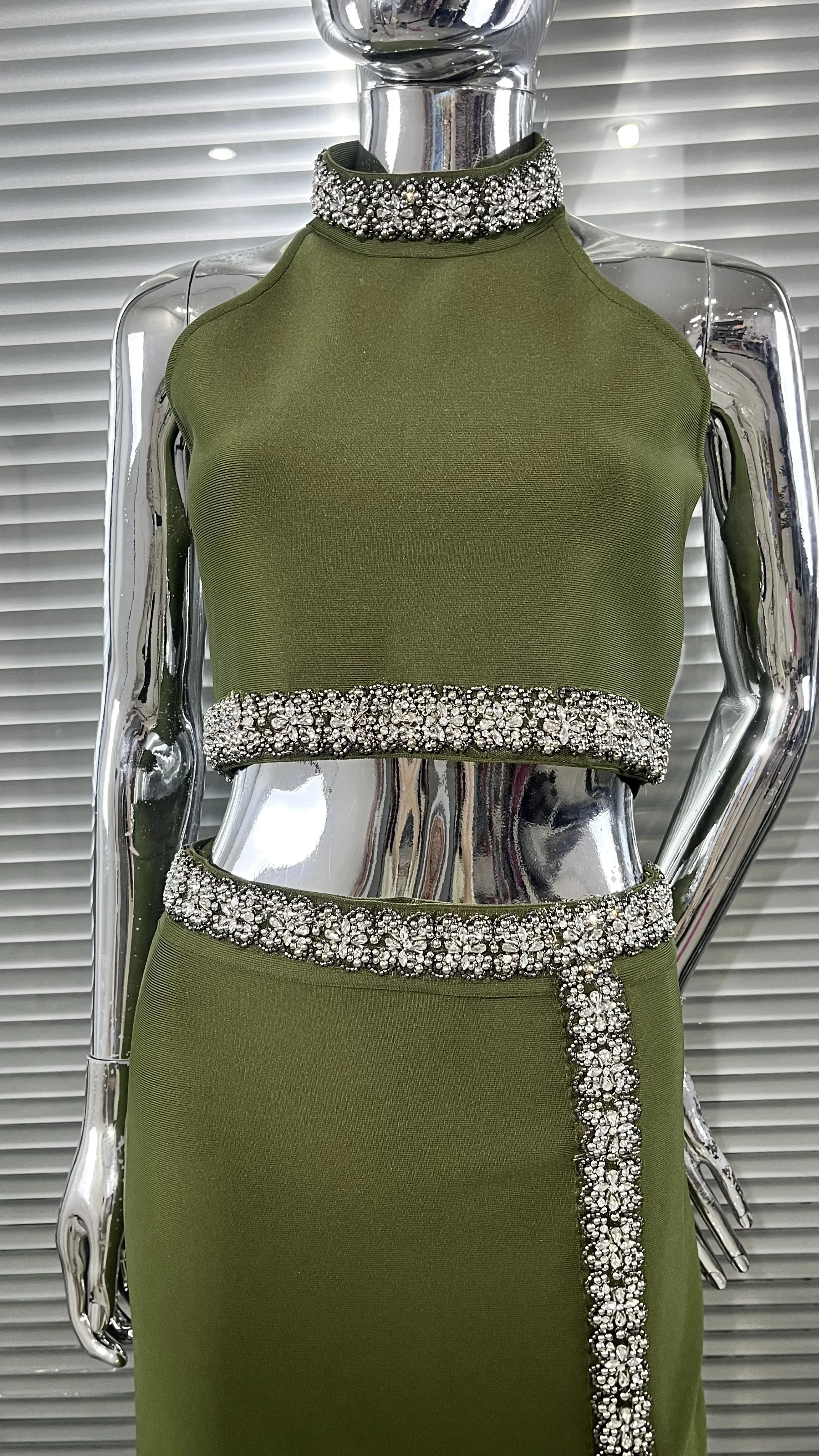 2025 elegante expor wasit mulher conjunto diamantes brilhantes regata curta e fenda saia longa 2 peças vestido de festa à noite
