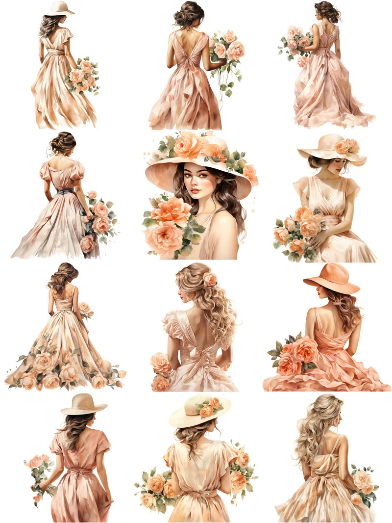12Pcs/Pack Rose Girl's Back Sticker DIY Craft Scrapbooking Album Junk Journal Decorative Stickers