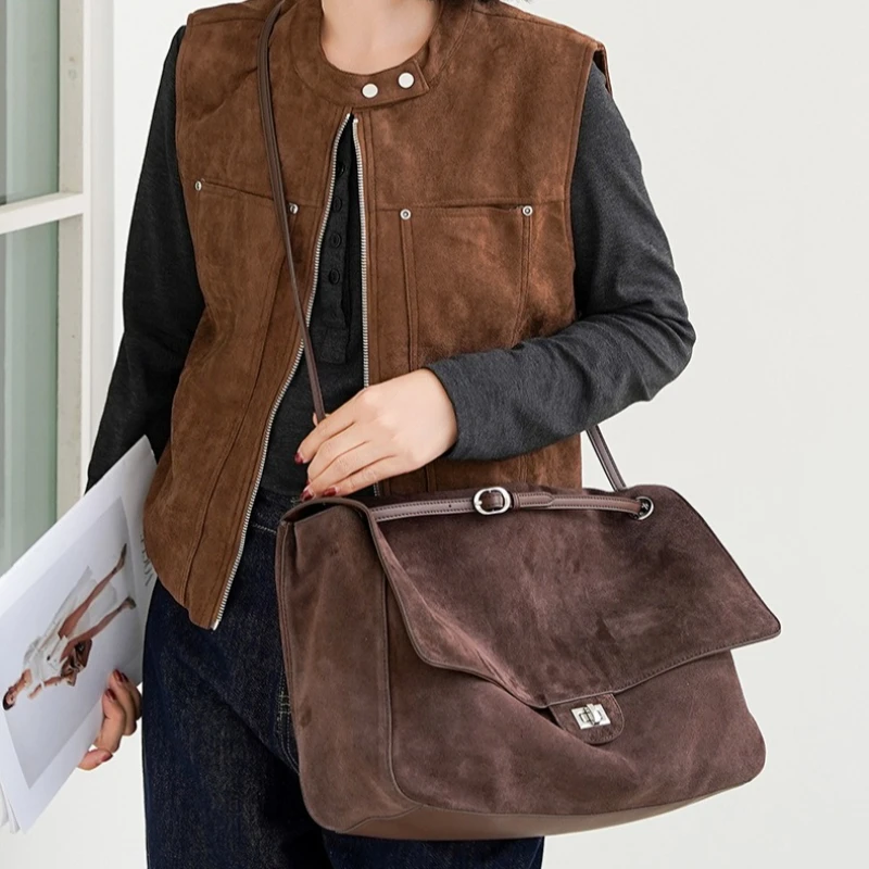 2026 Vintage Suede Genuine Leather Tote Shoulder Bag Women Luxury Frosted Cowhide French Flap Briefcase Messenger Crossbody Bag image 2