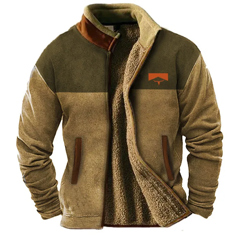 Holiday Warm Coat Blue Brown Standing Collar Wool Winter Design Graphic Tribal Retro Men\'s Everyday Casual Comfort Zippered