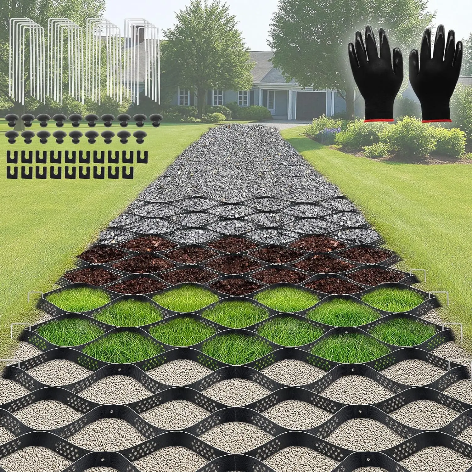 

33ft x 4ft Gravel Grid, 2" Thick Stabilizer for Driveway Parking Walkway Slope with Accessories & Gloves