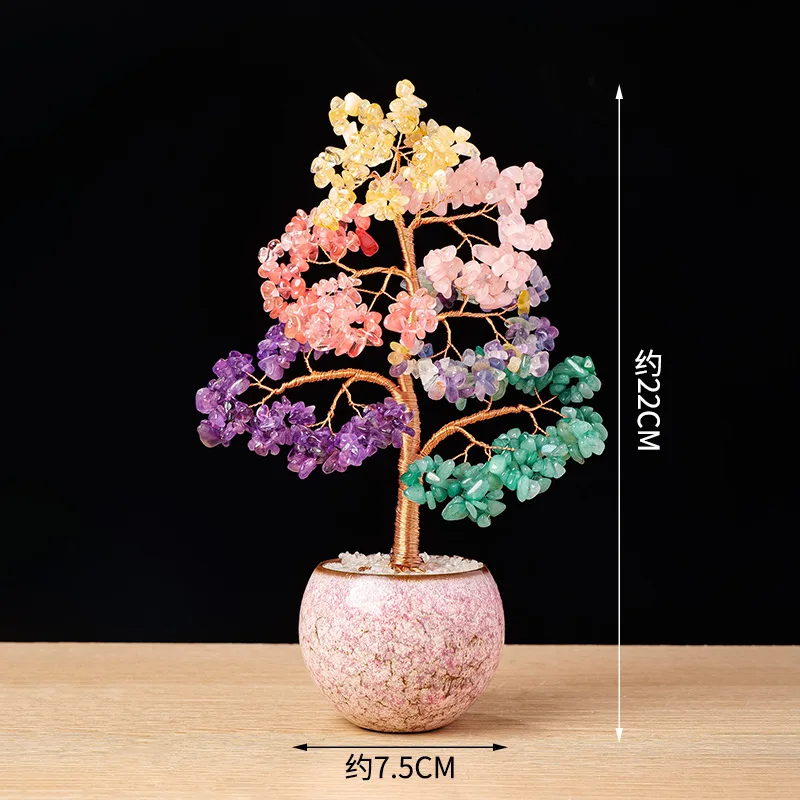 1PC Natural Crystal Multi-Colored Pebbles Money Tree, Hand-Woven Crystal Prosperity Tree, Office Desk Decoration Item Gift