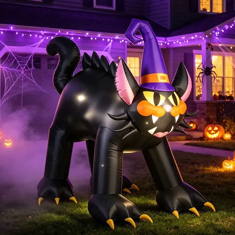 Large Black Cat Inflatable with Witch Hat LED Light Up Halloween Outdoor Garden Yard Lawn Decoration Ornament