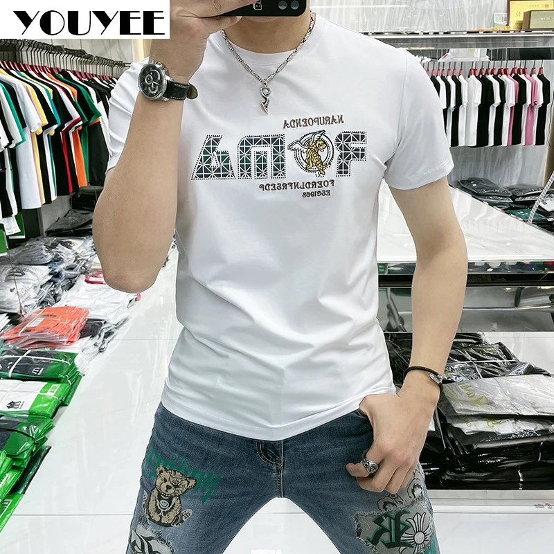 Short Sleeve T-shirt Men\'s Slim Casual Print Hot Diamond 2025 Summer New Fashion M-7XL Male Tees High Quality Man Top Clothing