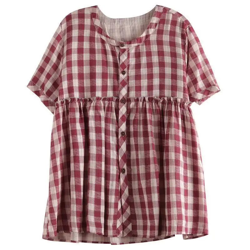 Mode O-hals Knoop Losse Gesplitste Ruches Geruite Shirts Dameskleding 2024 Zomer Nieuwe Oversized Casual Tops All-Match Blouses