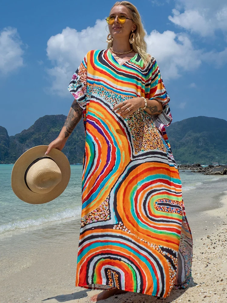 Vestido largo De playa con estampado bohemio para mujer, túnica larga De talla grande, traje De baño, 2023