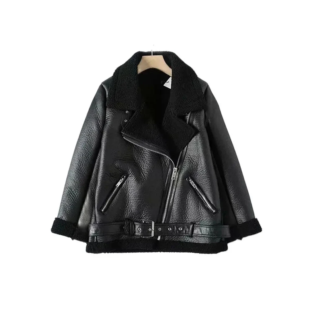 TRAF Women\'s Fur One Warm Jacket Autumn and Winter Fashion Lapel Long Sleeve Pocket Zipper Decoration Motorcycle Jacket