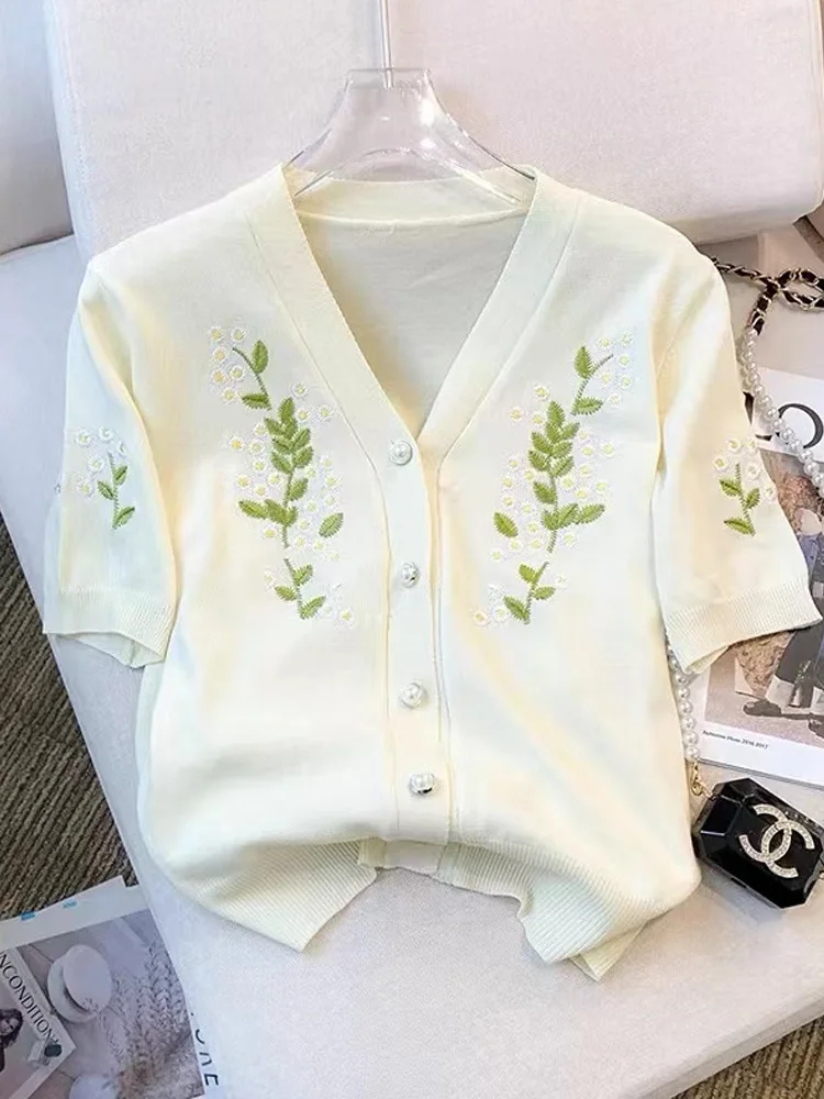 Vintage Ice Silk Knit Sweater Women Cardigans Tops 2024 Summer Elegant Solid Fashion Knitwear T-shirts Short Sleeve V-neck Jumpe