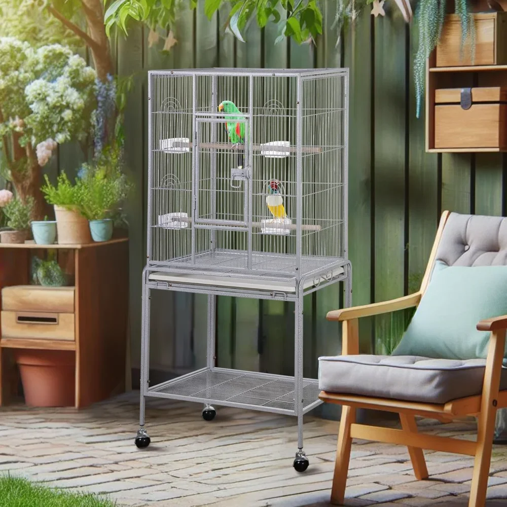 

Bird Flight Cage, Wrought Iron Standing Large with Rolling Stand for Cockatiels Pet Parrot Parakeet Lovebird Canary