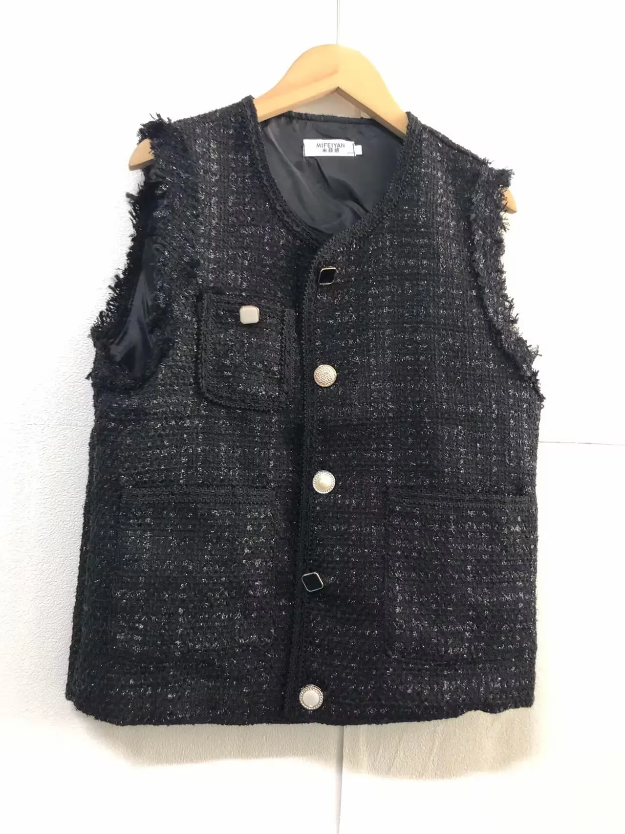 Autumn New Fashion Temperament Short Style Fragrant Wool Vest Jacket Women Black Waistcoat  Chaleco Mujer Coat Top