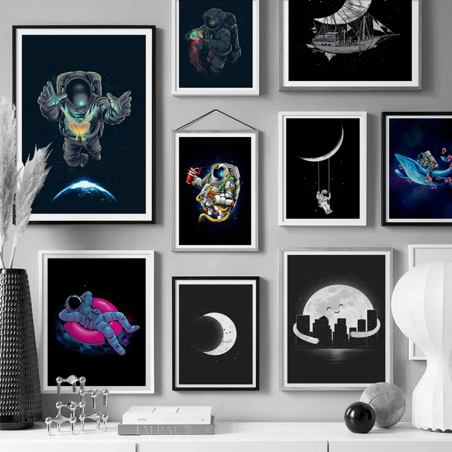 

Abstract Astronaut Moon Ship Whale Wall Art Canvas Painting Nordic Posters And Prints Wall Pictures For Living Room Home Decor