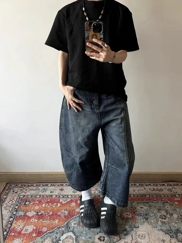 

Джинсы в стиле ретро в американском стиле, мужские и женские летние свободные косой брюки длиной до семи футов, модные модные широкие брюки