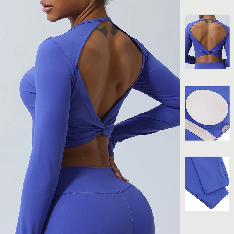 Sexy Backless Long Sleeve Yoga Clothing Stretch Gym Workout  Top Female Running Quick Dry Sportswear Women Back Cross Sports Top