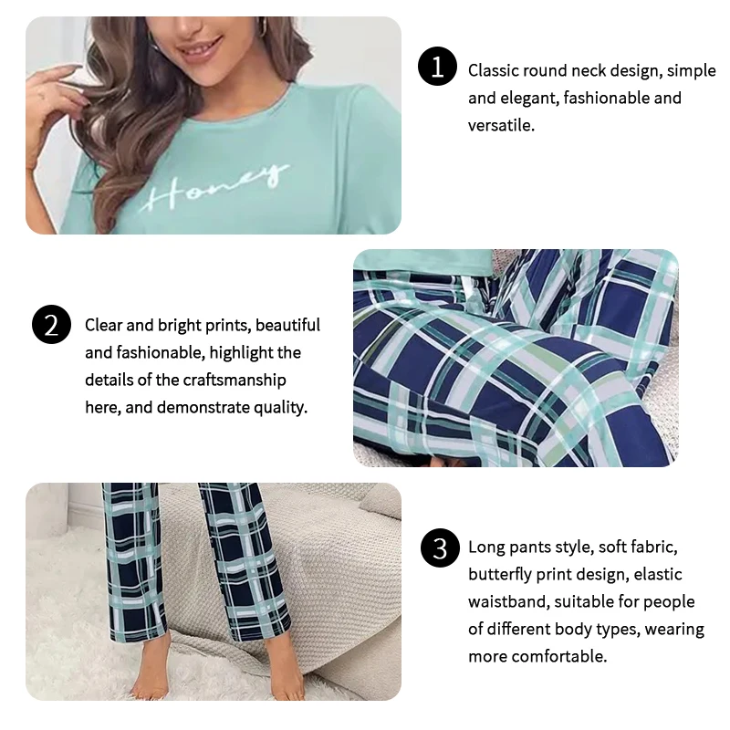 Women\'s round neck pajama set with letter printed short sleeved top and checkered pants casual soft and comfortable pajamas