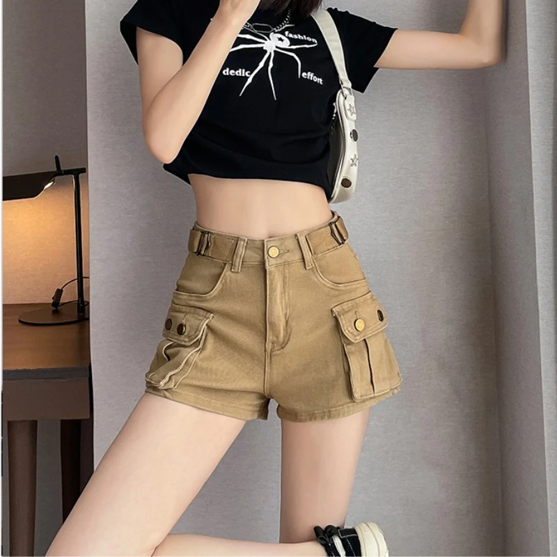 

High Waist Casual Khaki Denim Shorts for Women Summer New American Style Hot Pants Versatile And Stylish Workwear Shorts