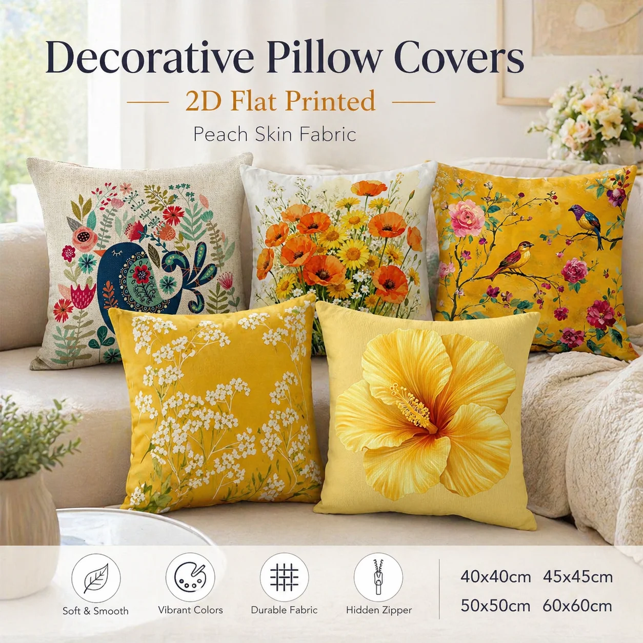 

Folk Art Bird Floral Cushion Cover 2D Flat Printed Peach Skin Decorative Pillowcase for Living Room Sofa Home Decor 45x45cm
