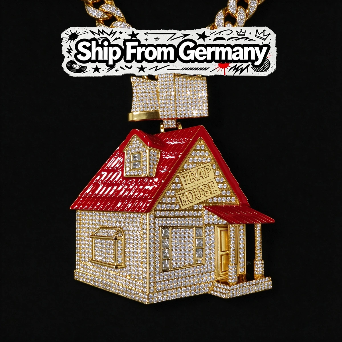 Red Enamel House Shape Hip Hop Necklace Charm For Men Rapper Bling Micro Pave CZ Diamond Pendant Streetwear Trendy Jewelry Gift For Hip Hop Music Lovers Rap Culture Party Wear Cool Accessories 18K Gold Plated Cubic Zirconia Iced Out House Pendant