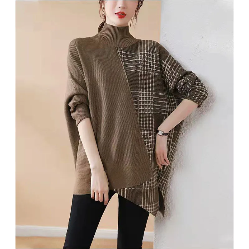 

New Irregular Stitching Long Sleeve Sweater Women's Spring And Autumn Semi-High Neck Sweater Comfortable Round Neck Pullover Top
