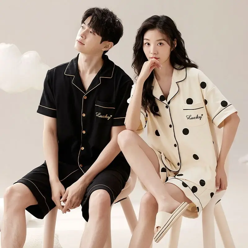 

Летние пижамные комплекты 2026 для пар: мужские и женские, из 100% хлопка, с принтом, свободного кроя, в корейском стиле, для сна и дома