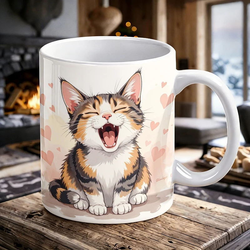 

Laughing Calico Cat Ceramic Mug, Cute Kitten Coffee Cup with Heart Accents, Cute Unusual Mug for Cat Lovers & Wildlife Fans