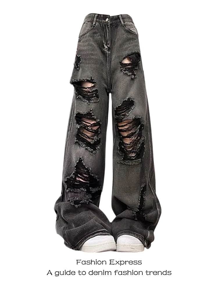 

Джинсы American Vibe с высокой талией, свободного кроя, черные, женские, осенне-зимние, с дырками, широкие штанины, повседневные, модные