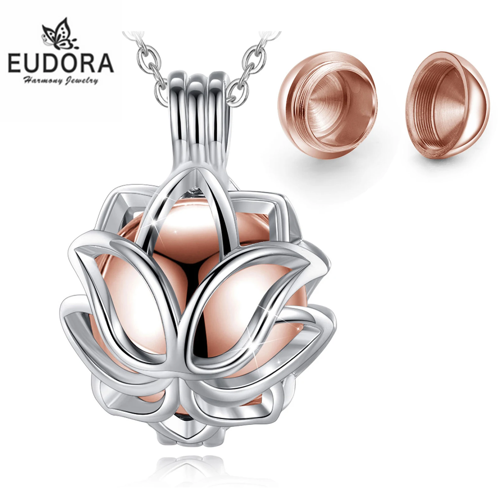 EUDORA Urn Cremation Pendant 14mm Lotus Blossom Cage Locket  Ash Holder Keepsake Capsule Necklace Hollow Ball DIY Jewelr k332n14