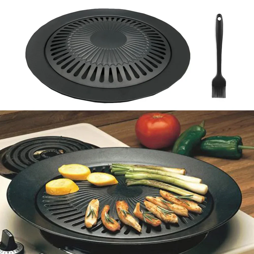 Round Smokeless Barbecue Baking Pan Barbecue Grill with Brush Non-Stick Barbecue Pan Roasting Tray Kitchen BBQ Cooking Tools