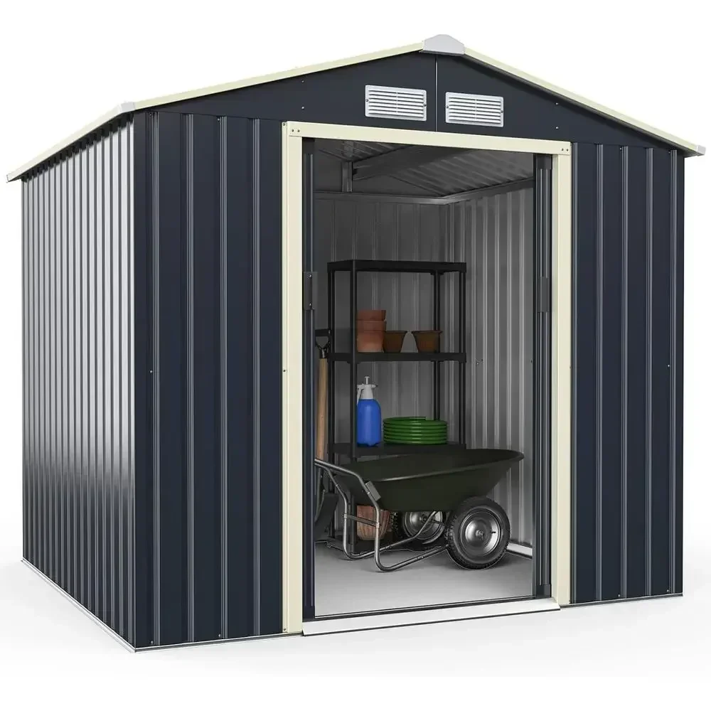 7' x 6' Metal Outdoor Storage Shed with 4 Vents and Double Sliding Door for Garden Organization