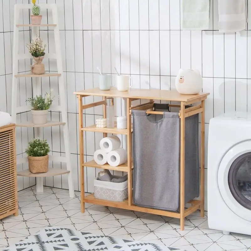 

Bamboo Laundry Hamper Stand with Removable Sliding Bag and 3-Tier Open Shelves