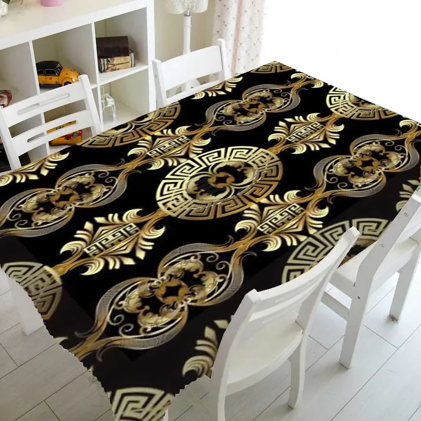 Geometric Luxury Black Gold Greece Rectangle Printed Rectangular Tablecloth For Table And Decoration Home Waterproof Tableclots