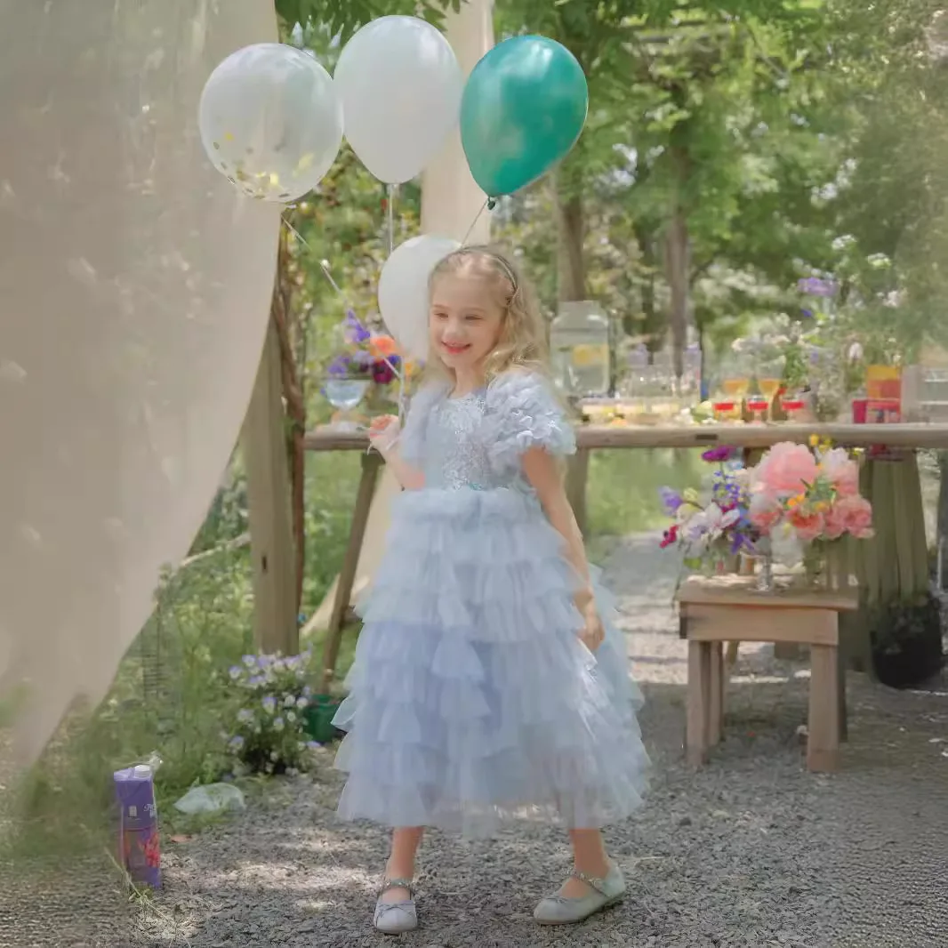 Flower Girls Dresse Girl's sequined dress, Princess Elsa's blue gradient fluffy veil dress, birthday party cake dress