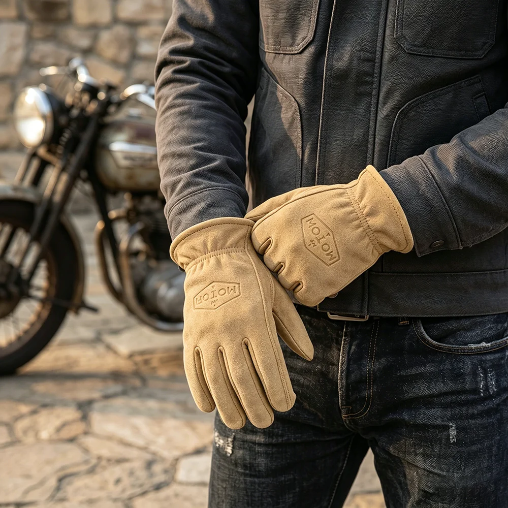 Vintage Frosted Cowhide Leather Motorcycle Gloves for Men Women Driving Accessories Warm Work Glove Dirtbike MX Motocross Items