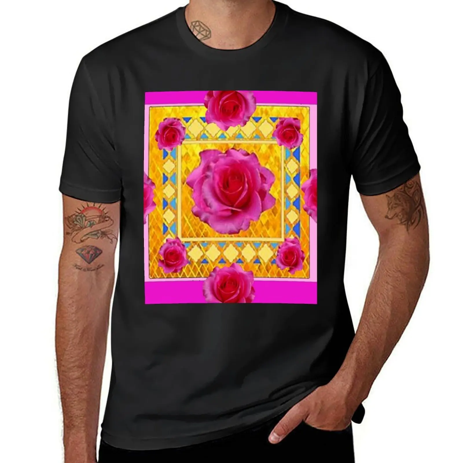 GEOMETRIC FUCHSIA-GOLD PINK ABSTRACT ROSE PATTERNS ART T-Shirt graphics sweat blacks cute clothes mens graphic t-shirts