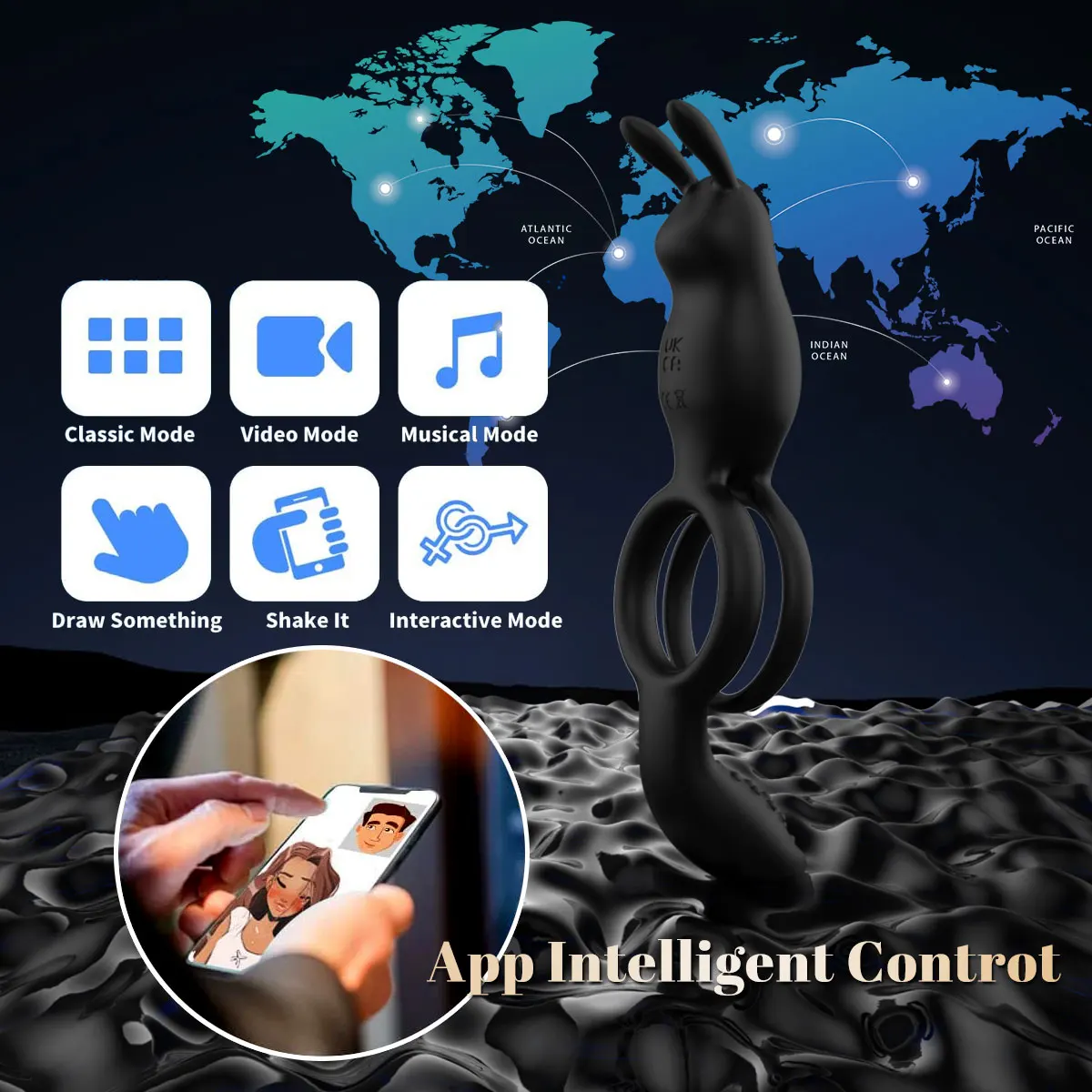 APP التحكم عن بعد أرنب الاهتزاز القضيب الدائري الذكور والإناث متعدد التردد قفل الاهتزاز القوي غرامة حلقة منتجات الكبار