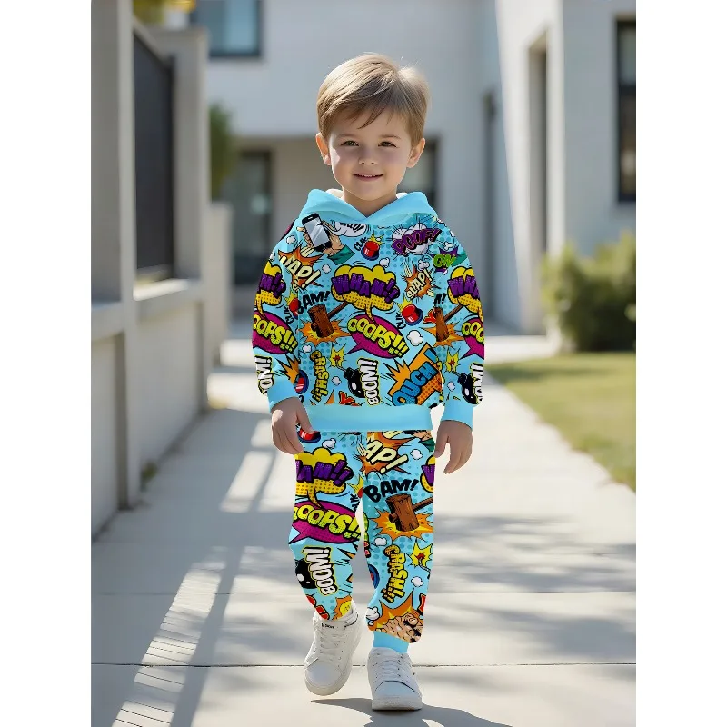 Unisex Toddler Hooded Jogger 2Pcs Tracksuit, Comic Pop, No.32 Sport, Stripe Eagle, Spider Web, Retro Flag, USA Star Kids Outfit