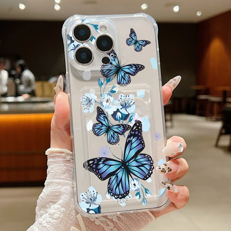 나비 꽃 무늬 아이폰 16 케이스, 아이폰 15 14 13 12 Pro Max 11 16e 투명 카드 수납 포켓 소프트 실리콘 커버