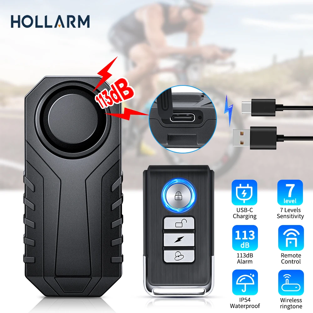 Hollarm 113dB Bicycle Alarm USB Charge Anti Theft Motorcycle Electric Bike Alarm Wireless Remote Control Security Sensor