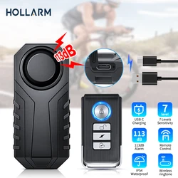 Hollarm 113dB alarma de bicicleta carga USB antirrobo motocicleta alarma de bicicleta eléctrica Control remoto inalámbrico Sensor de seguridad