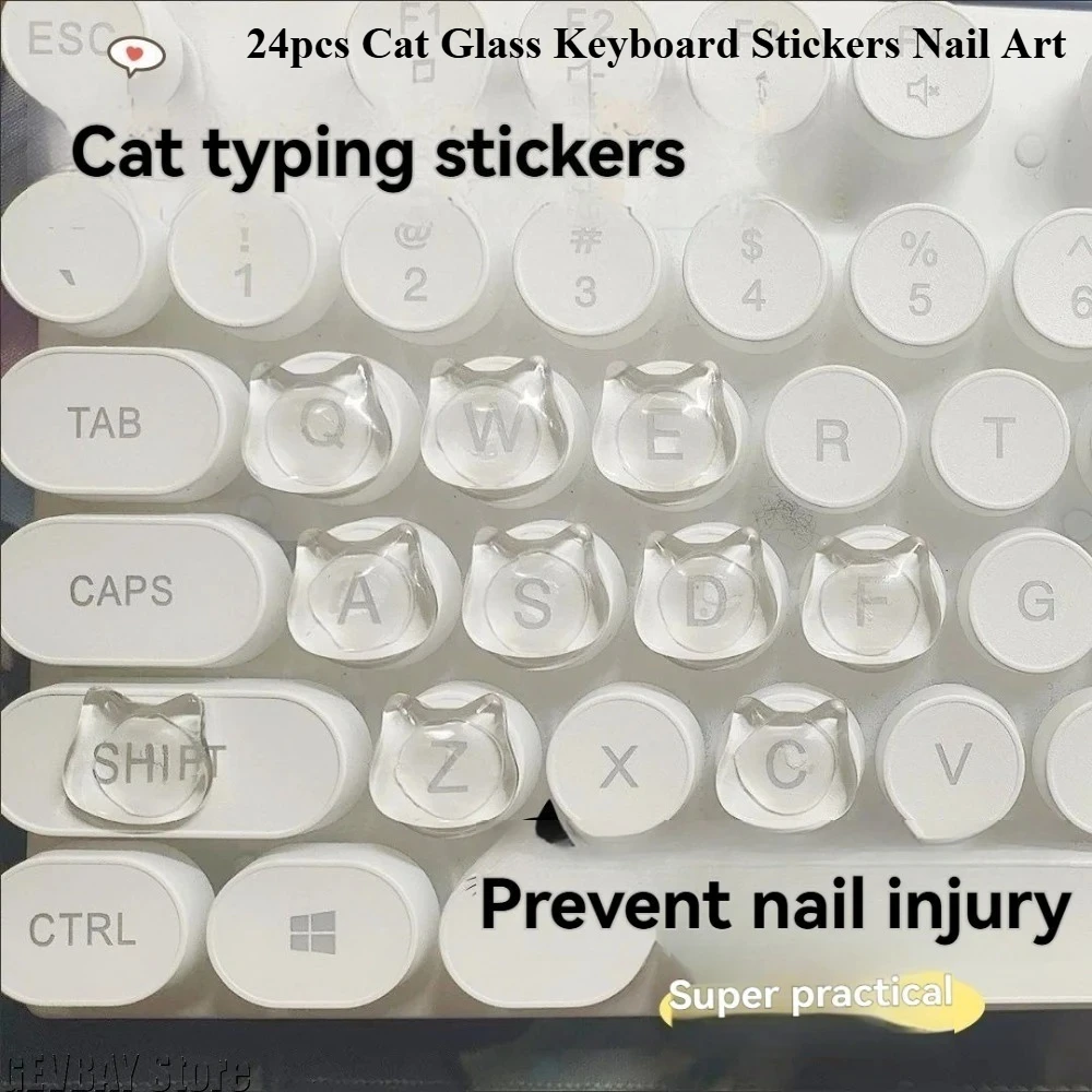 24pcs Cat Glass Keyboard Stickers Nail Art - Special Typing Artifact for Notebook Desktop Mechanical
