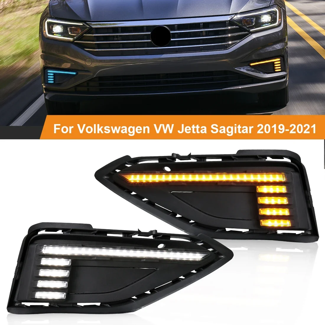 LED Fog Lamp For Volkswagen VW Jetta Sagitar 2019 2020 2021 DRL Daytime Running Light Dynamic Turn Signal White Yellow Blue 12V