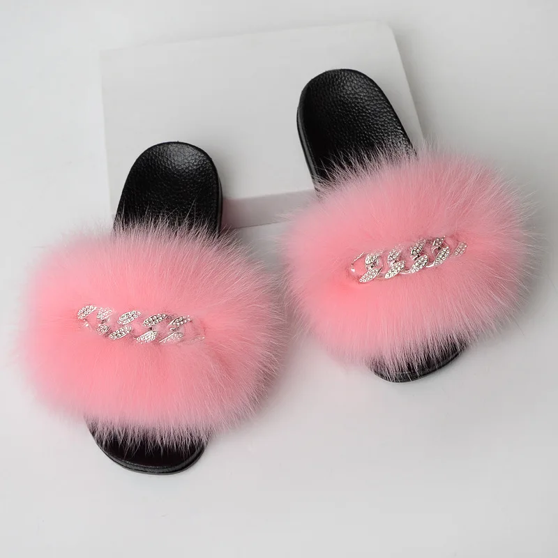 Summer Ladies Slippers Women Real Fox Fur Slides Indoor Fuzzy Plush Flip Flops Flat Sandals Fluffy Home Shoes Woman New Arrival