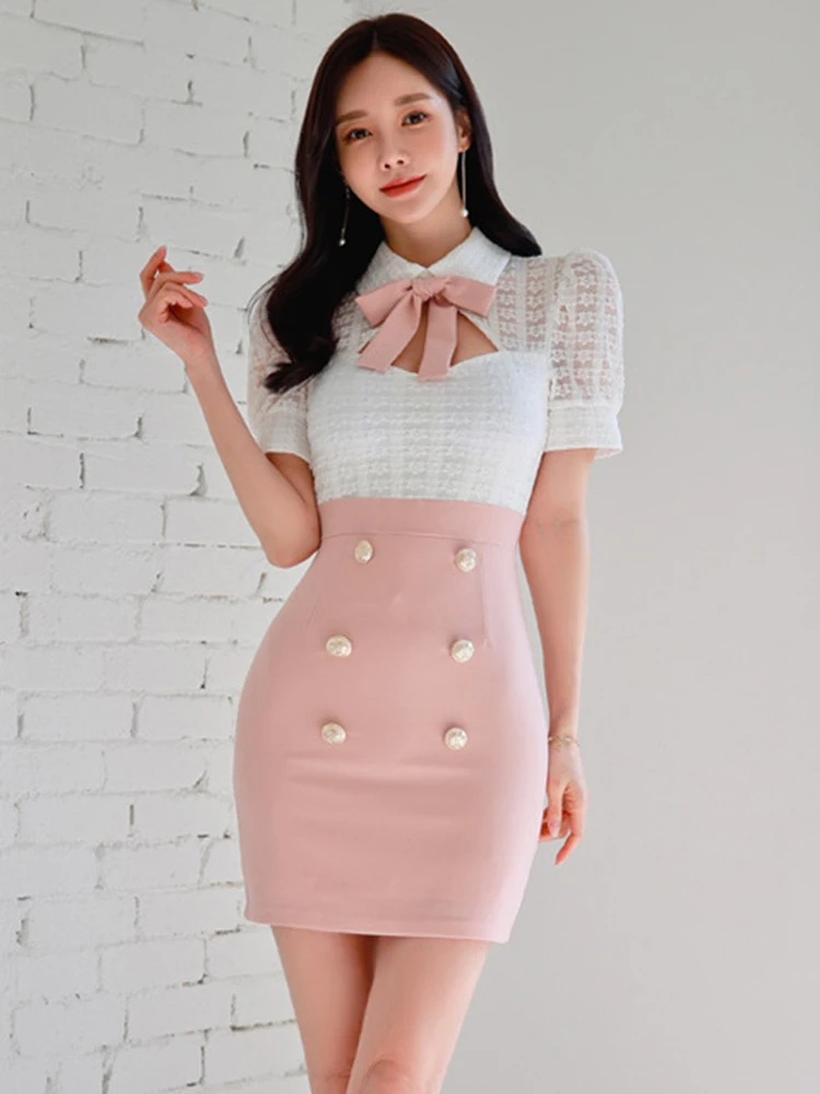 

Sweet Fake 2 Pieces Short Dresses Women Preppy Cute Whte Pink Contrast Lace Bow Hollow Double Breasted Mini Gown Mujer Vestidos