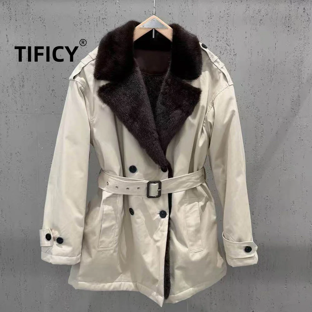 High Street Coats Women's Winter New Urban Thickened Plush Collar Double Row Buckle Waist Cotton Jacket Medium To Long
