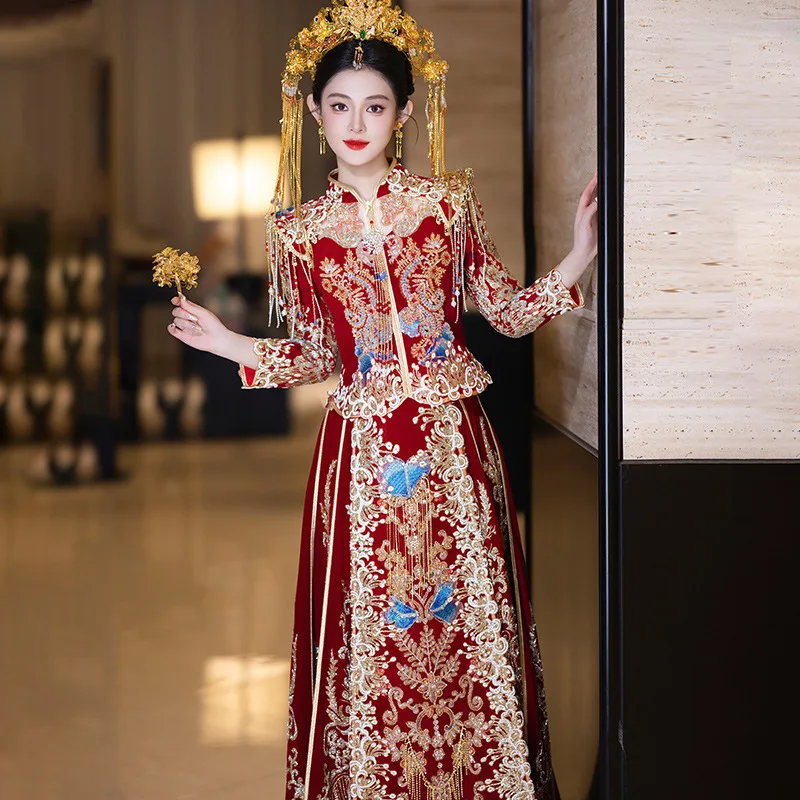 

M-6XL Chinese Traditional Wedding Dress XiuheWedding Dress With TrainToast Shawl Outgoing Ceremony Indonesian ChineseStyle