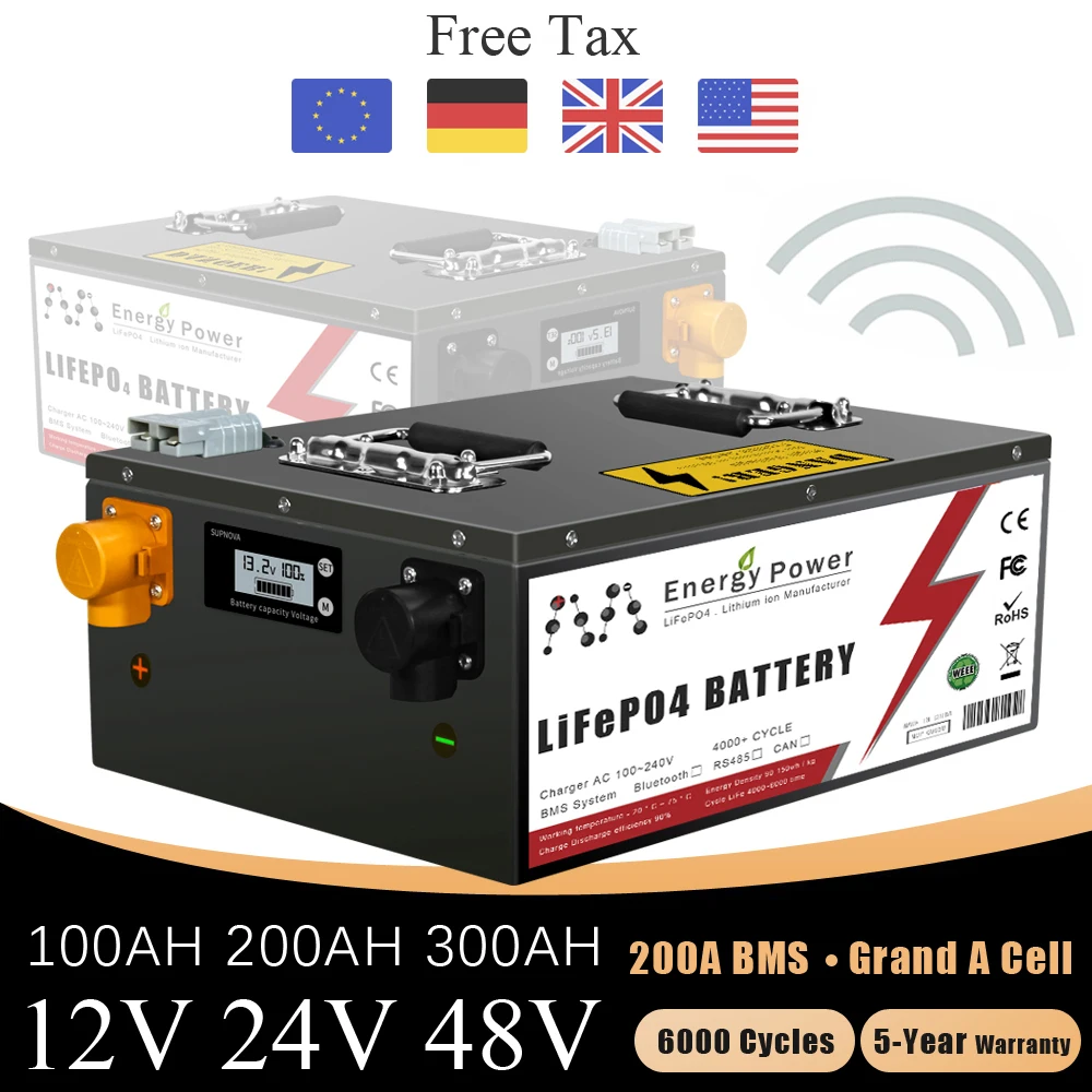 

12V 24V 48V 100Ah 200Ah 300Ah LiFePO4 Battery Pack Lithium Iron Phosphate Battery Built in BMS For RV Solar Home Storage No Tax