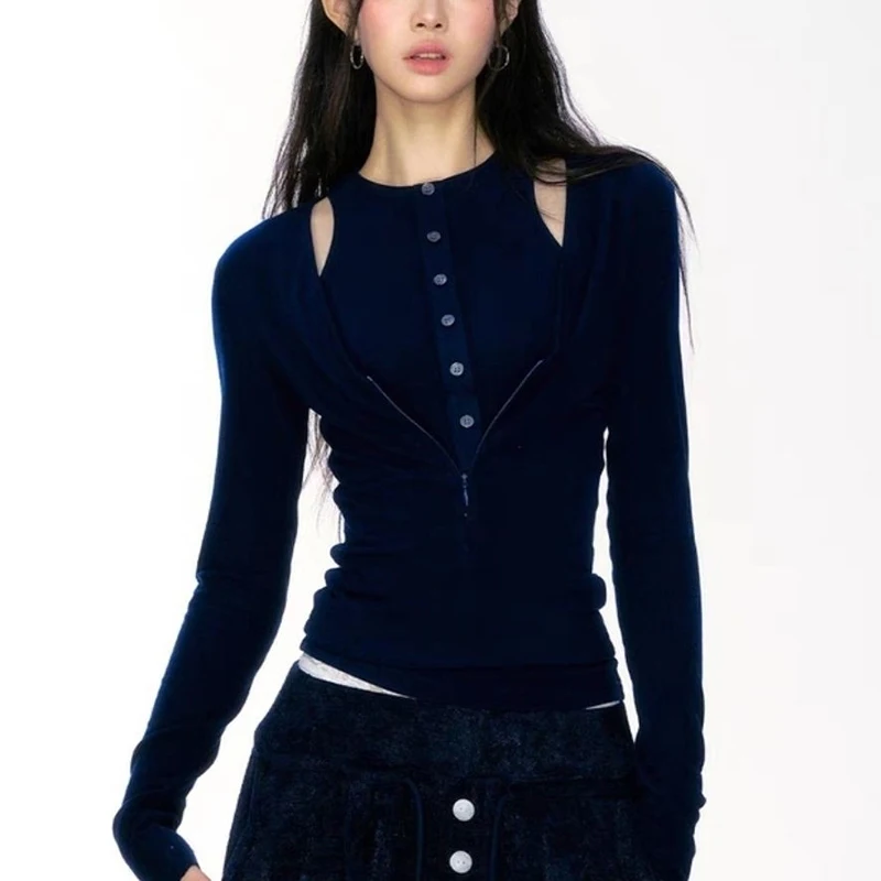 MEXZT Streetwear Patchwork T Shirts Women Fashion Hollow Out Crop Tops Y2K Korean Long Sleeve Tees Autumn Slim Design Clothes